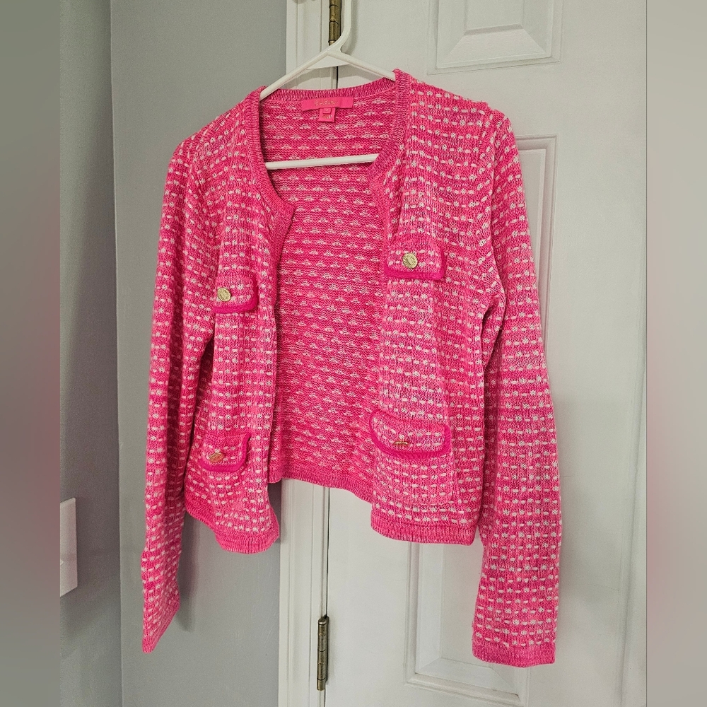 Lilly Pulitzer Hot Pink Tweed-Style Cardigan with Gold Buttons